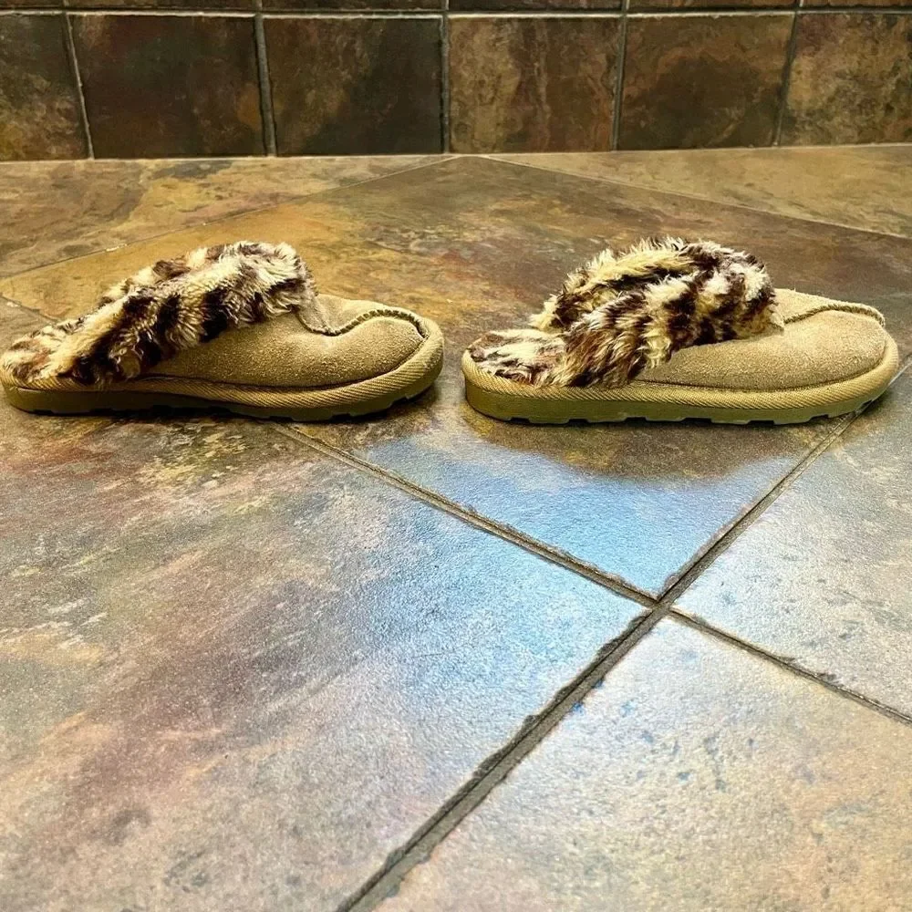 Girl’s Faux Suede Fur Animal Print Slippers Size Small 13-1
